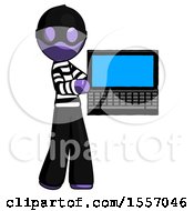 Purple Thief Man Holding Laptop Computer Presenting Something On Screen