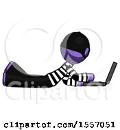 Poster, Art Print Of Purple Thief Man Using Laptop Computer While Lying On Floor Side View