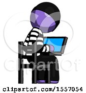 Poster, Art Print Of Purple Thief Man Using Laptop Computer While Sitting In Chair View From Back