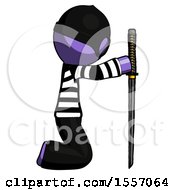Poster, Art Print Of Purple Thief Man Kneeling With Ninja Sword Katana Showing Respect