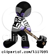 Poster, Art Print Of Purple Thief Man Hitting With Sledgehammer Or Smashing Something At Angle
