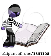 Poster, Art Print Of Purple Thief Man Reading Big Book While Standing Beside It