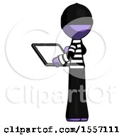 Poster, Art Print Of Purple Thief Man Looking At Tablet Device Computer With Back To Viewer