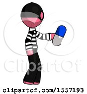 Poster, Art Print Of Pink Thief Man Holding Blue Pill Walking To Right
