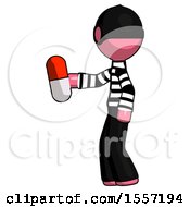 Poster, Art Print Of Pink Thief Man Holding Red Pill Walking To Left