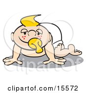 Freckle Faced Blond Baby In A Diaper Sucking On A Pacifier