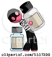 Poster, Art Print Of Pink Thief Man Holding Large White Medicine Bottle With Bottle In Background