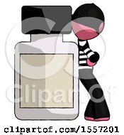 Pink Thief Man Leaning Against Large Medicine Bottle