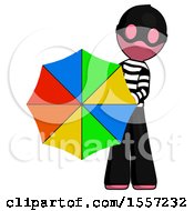 Poster, Art Print Of Pink Thief Man Holding Rainbow Umbrella Out To Viewer