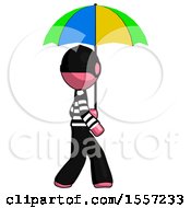 Poster, Art Print Of Pink Thief Man Walking With Colored Umbrella