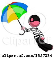 Poster, Art Print Of Pink Thief Man Flying With Rainbow Colored Umbrella