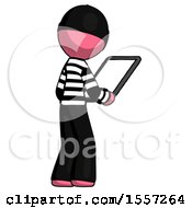 Poster, Art Print Of Pink Thief Man Looking At Tablet Device Computer Facing Away