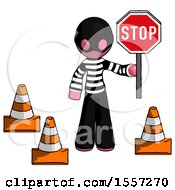 Poster, Art Print Of Pink Thief Man Holding Stop Sign By Traffic Cones Under Construction Concept