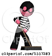 Poster, Art Print Of Pink Thief Man Cleaning Services Janitor Sweeping Floor With Push Broom