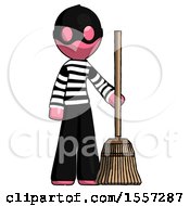 Pink Thief Man Standing With Broom Cleaning Services
