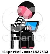 Poster, Art Print Of Pink Thief Man Using Laptop Computer While Sitting In Chair View From Back