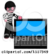 Poster, Art Print Of Pink Thief Man Beside Large Laptop Computer Leaning Against It