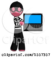 Poster, Art Print Of Pink Thief Man Holding Laptop Computer Presenting Something On Screen