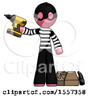Poster, Art Print Of Pink Thief Man Holding Drill Ready To Work Toolchest And Tools To Right