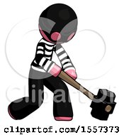 Poster, Art Print Of Pink Thief Man Hitting With Sledgehammer Or Smashing Something At Angle