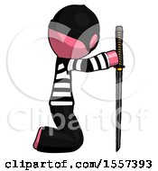 Poster, Art Print Of Pink Thief Man Kneeling With Ninja Sword Katana Showing Respect