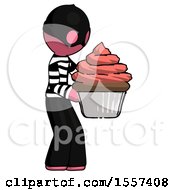 Poster, Art Print Of Pink Thief Man Holding Large Cupcake Ready To Eat Or Serve