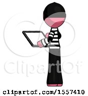 Poster, Art Print Of Pink Thief Man Looking At Tablet Device Computer With Back To Viewer
