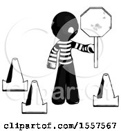 Poster, Art Print Of Ink Thief Man Holding Stop Sign By Traffic Cones Under Construction Concept