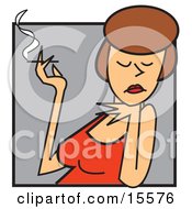 Attractive Female Caucasian Actress In A Red Dress Resting Her Chin On One Hand And Holding A Cigarette In The Other Clipart Illustration