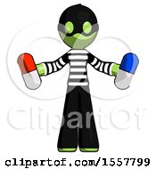 Poster, Art Print Of Green Thief Man Holding A Red Pill And Blue Pill
