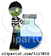 Green Thief Man Standing Beside Large Round Flask Or Beaker