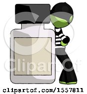 Green Thief Man Leaning Against Large Medicine Bottle