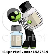 Green Thief Man Holding Large White Medicine Bottle With Bottle In Background