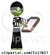 Green Thief Man Using Clipboard And Pencil
