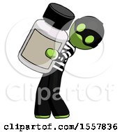 Green Thief Man Holding Large White Medicine Bottle