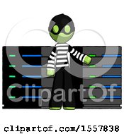 Poster, Art Print Of Green Thief Man With Server Racks In Front Of Two Networked Systems