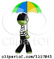 Poster, Art Print Of Green Thief Man Walking With Colored Umbrella