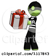 Green Thief Man Presenting A Present With Large Red Bow On It