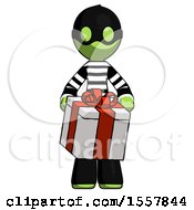Poster, Art Print Of Green Thief Man Gifting Present With Large Bow Front View