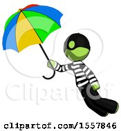 Green Thief Man Flying With Rainbow Colored Umbrella