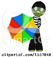 Poster, Art Print Of Green Thief Man Holding Rainbow Umbrella Out To Viewer