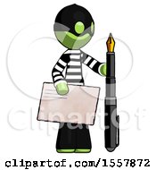 Green Thief Man Holding Large Envelope And Calligraphy Pen