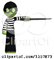 Poster, Art Print Of Green Thief Man Standing With Ninja Sword Katana Pointing Right
