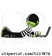 Green Thief Man Using Laptop Computer While Lying On Floor Side View