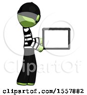 Poster, Art Print Of Green Thief Man Show Tablet Device Computer To Viewer Blank Area
