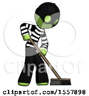Poster, Art Print Of Green Thief Man Cleaning Services Janitor Sweeping Side View