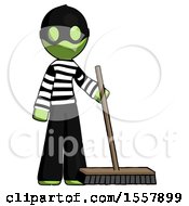 Green Thief Man Standing With Industrial Broom
