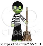 Green Thief Man Standing With Broom Cleaning Services