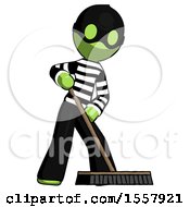 Poster, Art Print Of Green Thief Man Cleaning Services Janitor Sweeping Floor With Push Broom