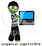 Green Thief Man Holding Laptop Computer Presenting Something On Screen